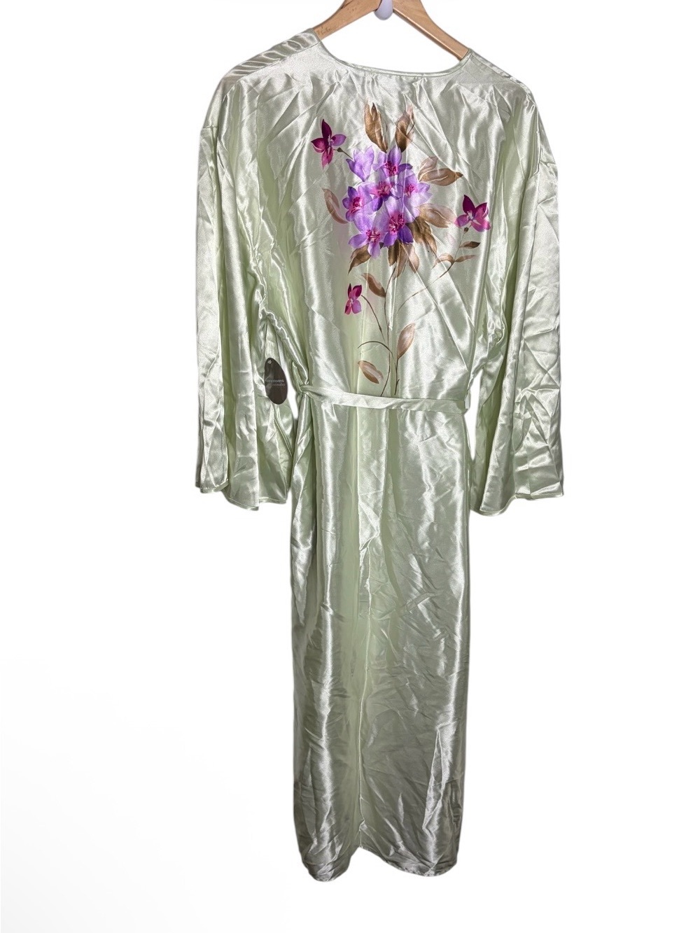 NWT pastel green retro Y2K satin floral wrap robe pockets size M